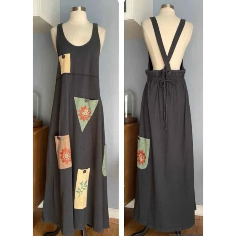 Vintage Art To Wear Isabel LA Maxi Dress Lagenlook Hand Painted Patch Sz-XL - Picture 8 of 11